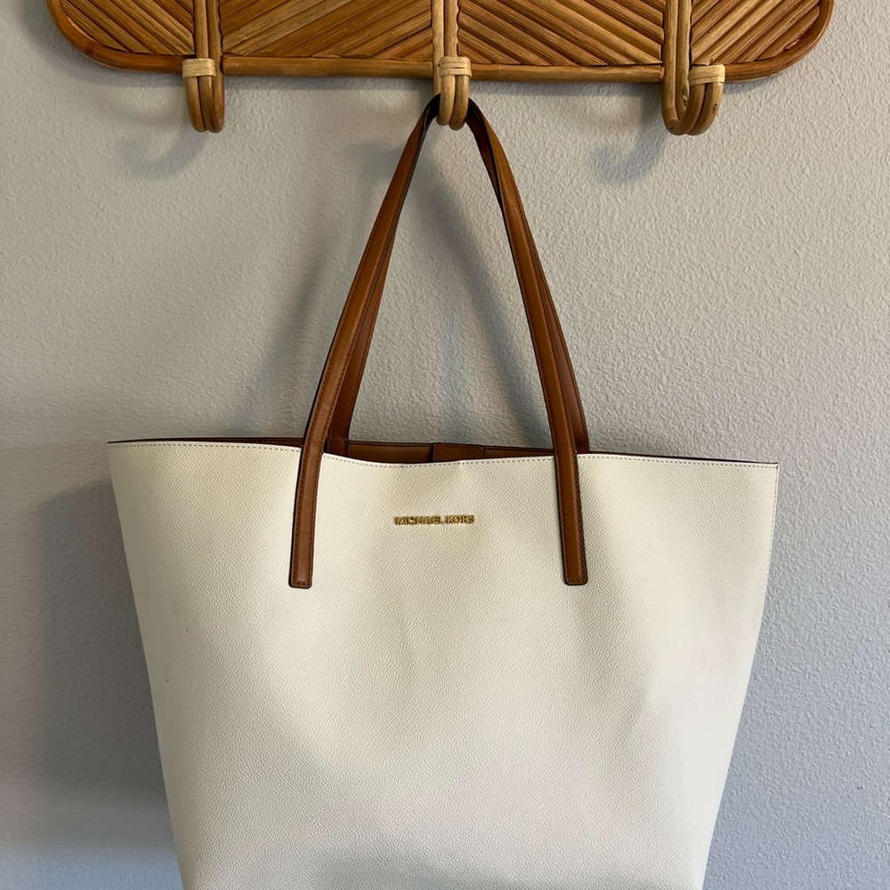 Michael Kors White Tote Bag with Brown leather straps
